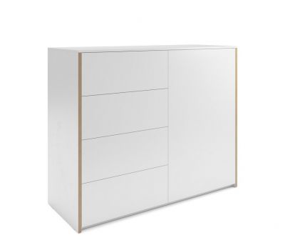 Weiße Modular Plus Kommode von Müller Möbelwerkstätten mit drei Schubladen und einer Tür.